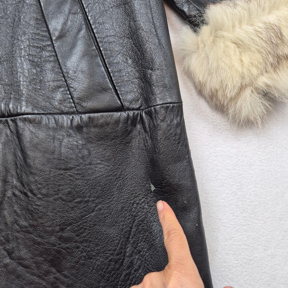Vintage Black Leather Trench Coat Genuine Fur Collar Cuffs Size 14 Mid Length - Picture 13 of 16